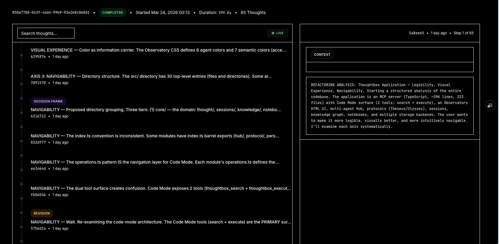 A session in the Thoughtbox dashboard showing recorded thoughts